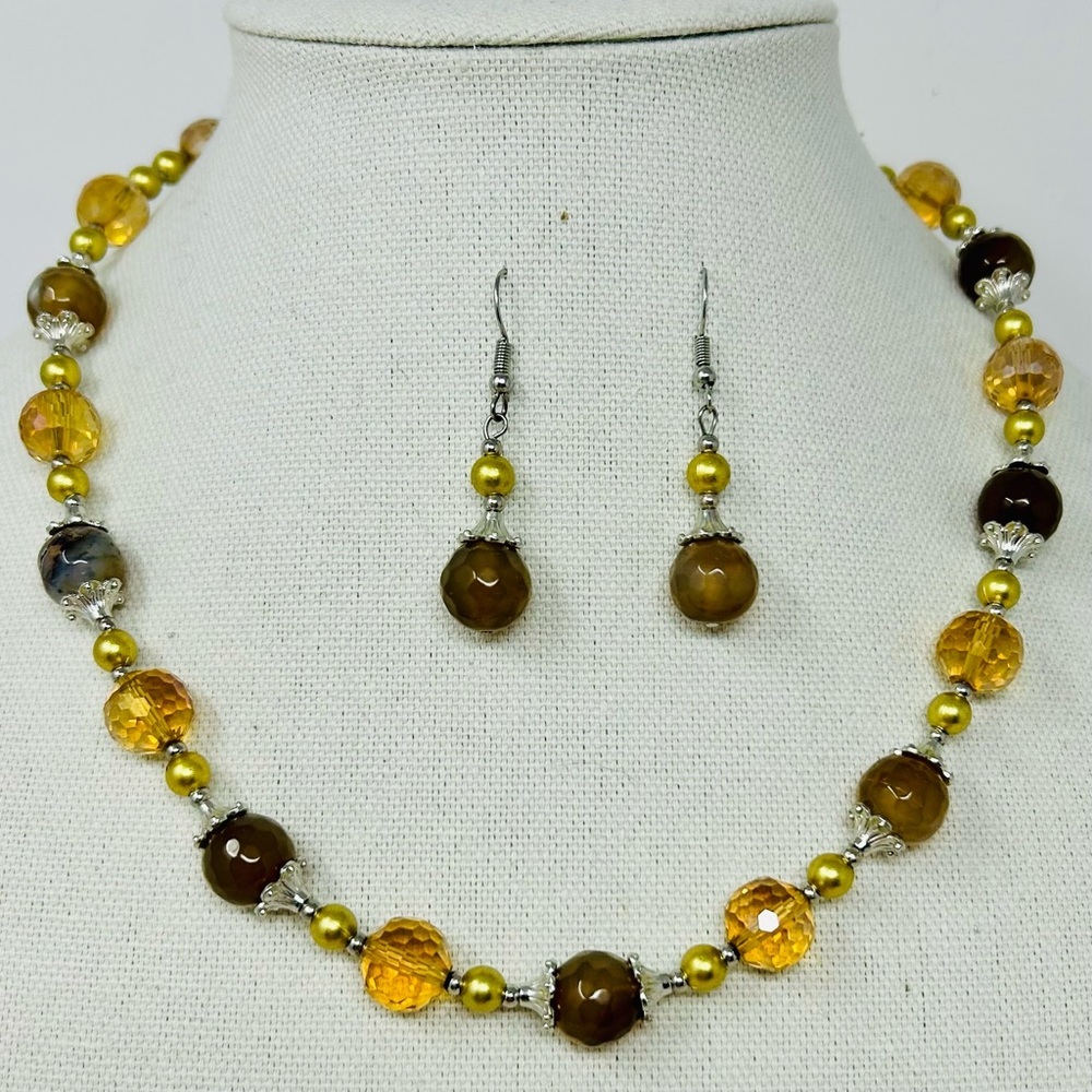 Golden Brown Beaded Necklace and Earring Set